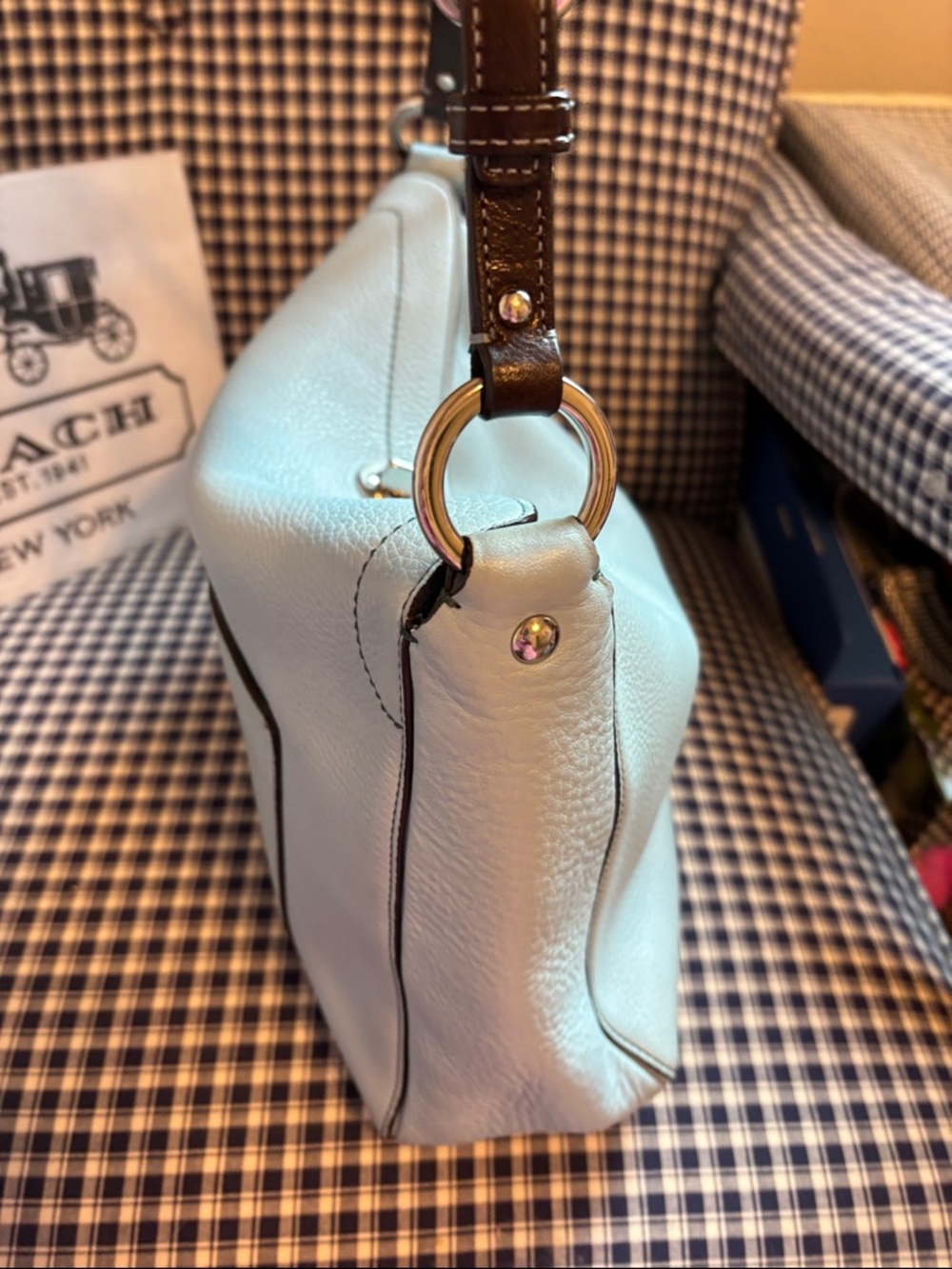 Coach Pebbled Leather Shoulder Bag in robin’s egg Blue with Dark Brown Trim - Picture 7 of 13